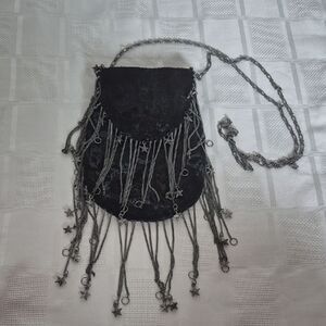 Free People Black Suede Crossbody Bag with Fringe and Stars